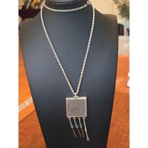 Square Locket Prayer Box? Pendant Silvertone Fringe Necklace Vintage